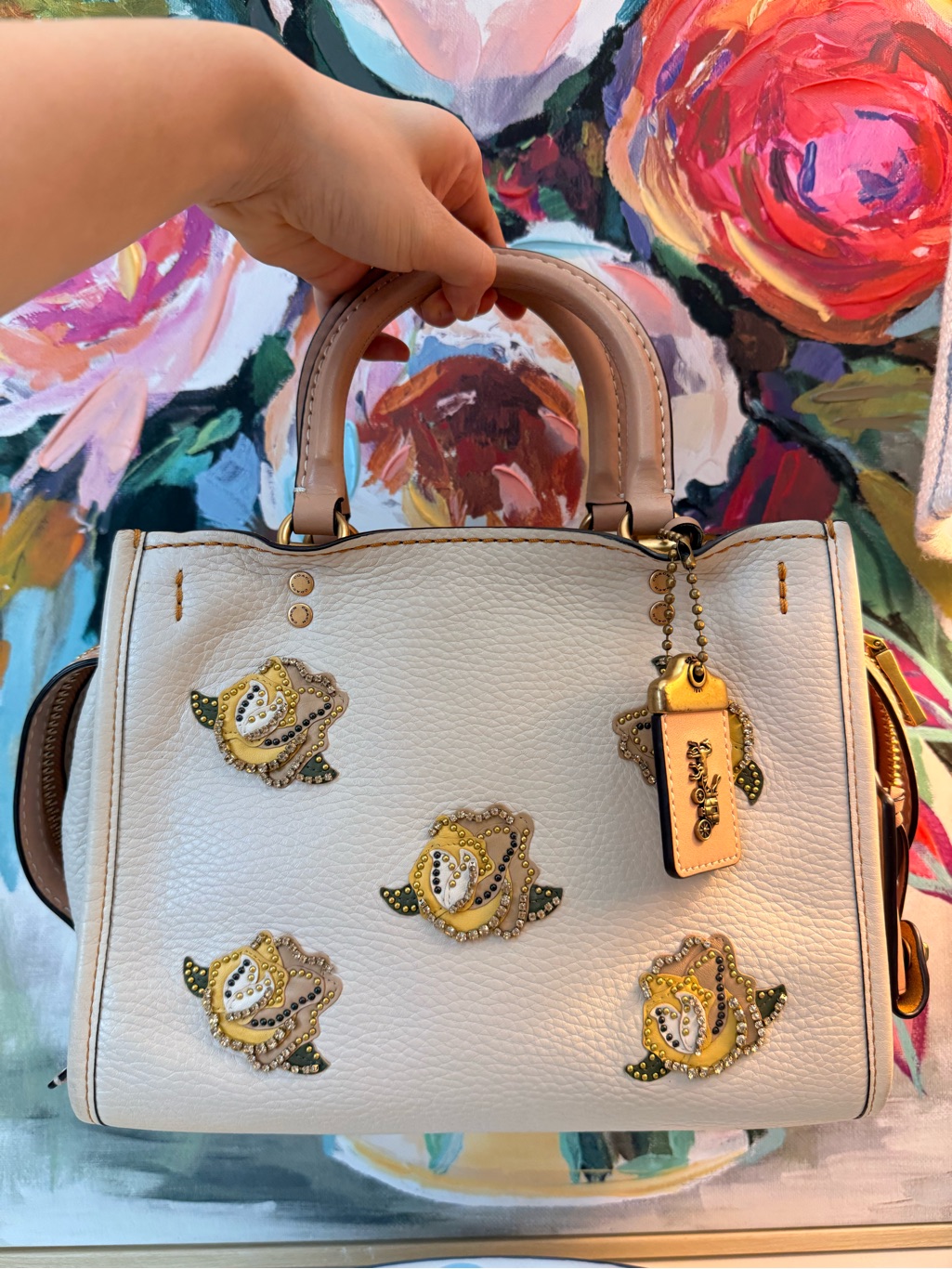 Preowned Authentic Coach 1941 Rogue 25 With Floral Appliqu Chalk